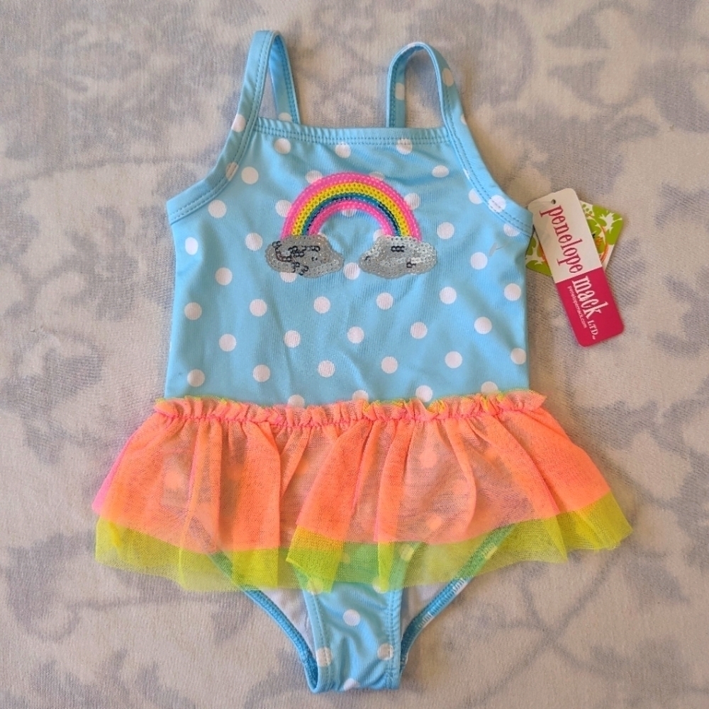 Penelope Mack blue and white polka dot rainbow cloud swimsuit 24 months